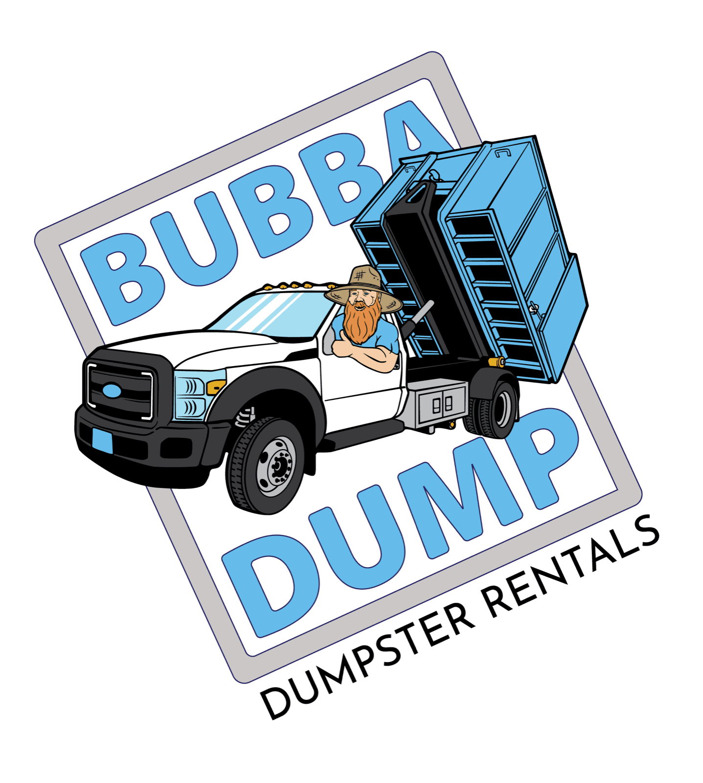Bubba Dump logo: Bubba waving from a dump truck with a blue dumpster, framed by the name
