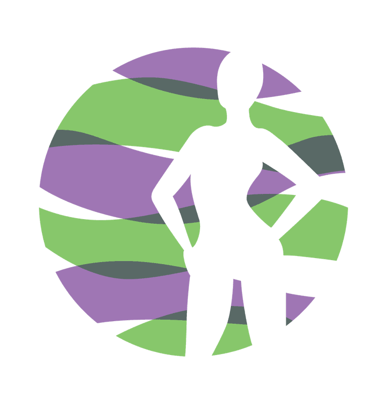 Her old Envision Wellness logo: a white silhouette of a woman, hands on hips, over a circle of purple and green stripes