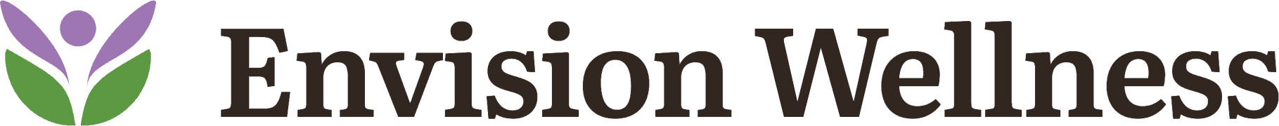 New Envision Wellness logo: a figure rising from two leaves beside the name, in purple, green and dark brown