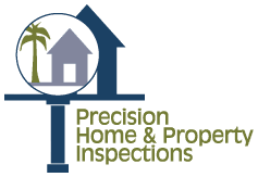 The old Precision logo: a house inside a magnifying glass with a palm tree, and the name in green